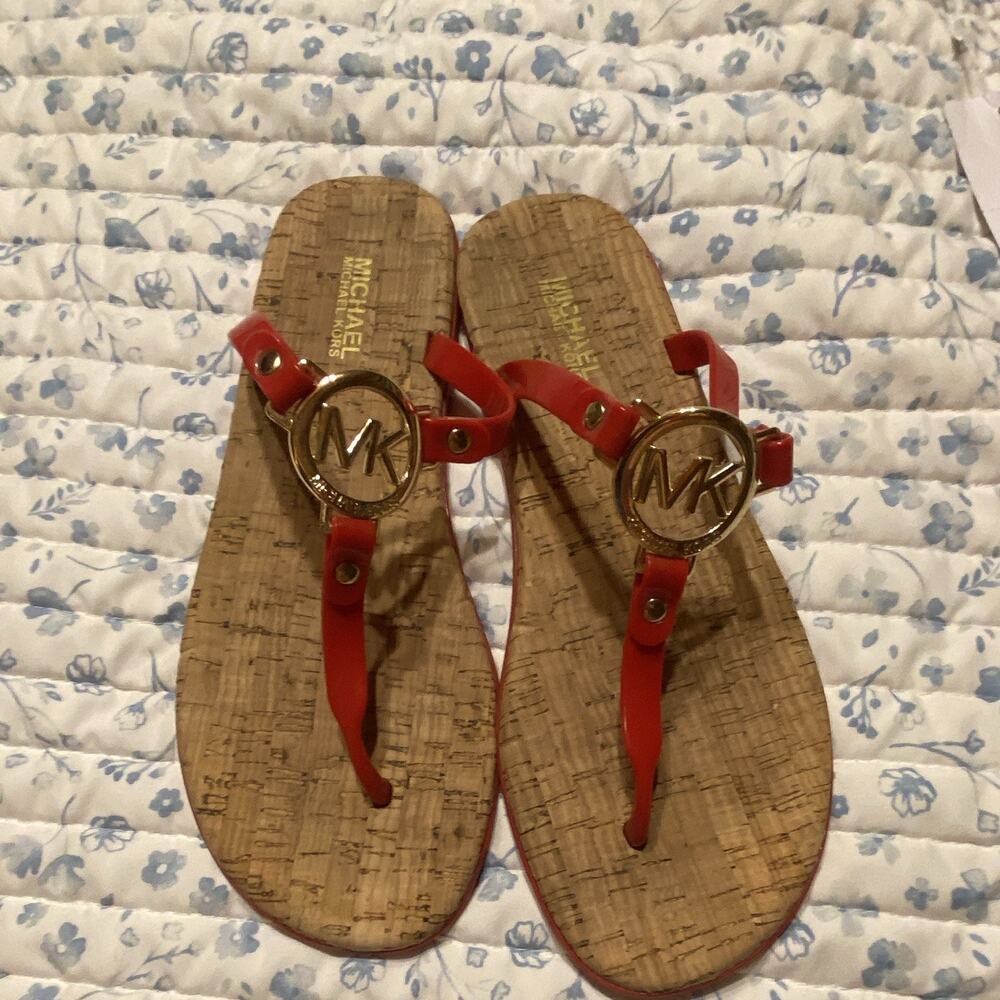 Michael Kors Womens Red Thong Sandal Cork Footbed Slip On Logo Accents